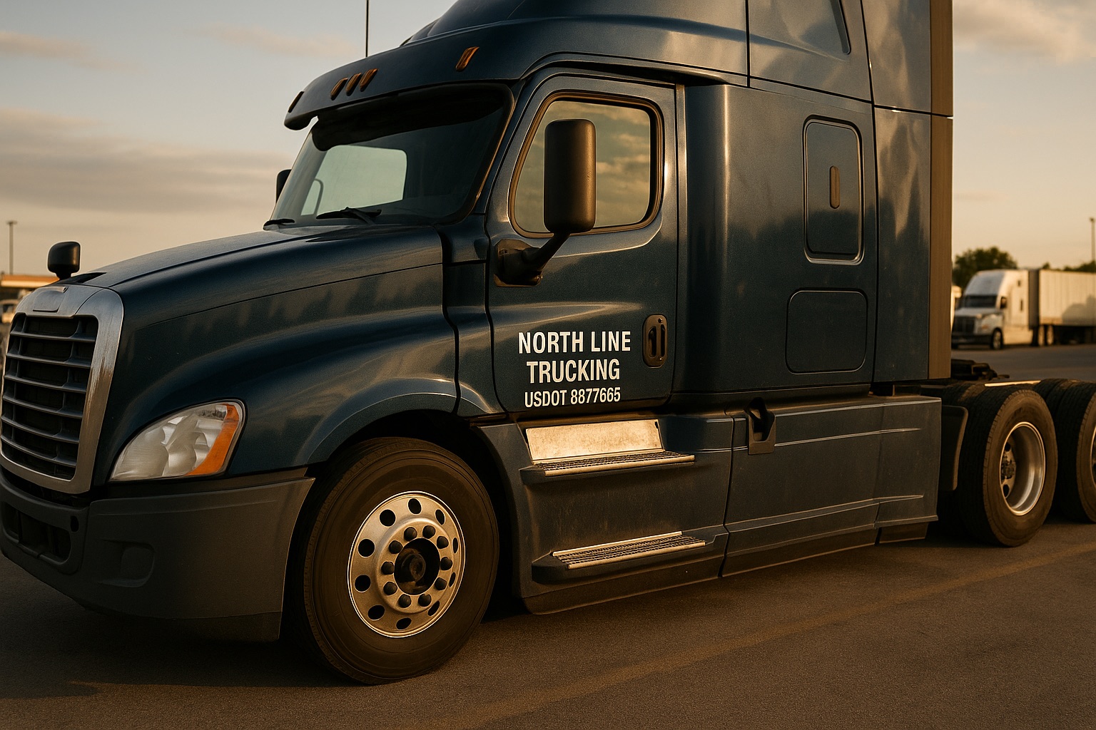 White vinyl lettering reading North Line Trucking, USDOT 8877665 on the dark blue door of a semi truck